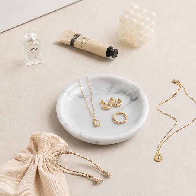 Small Natural Marble Jewelry Tray Key Plate Holder Dish Trinket Decor Catch All Bowl for Ring Earring Stone Gift for Women Daugther,Bianco Carrara White,5.5"
