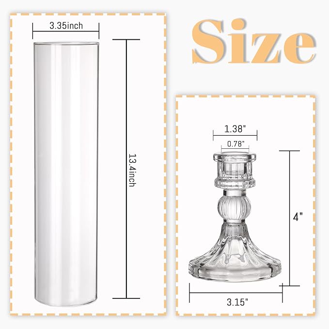 6 Set Hurricane Glass Candle Holders for Taper Candles, Vertical Striped Candlestick Holders with Windproof Glass Tubes 13.4" H for Wedding, Dinner Table Centerpieces, Festival and Party Decor