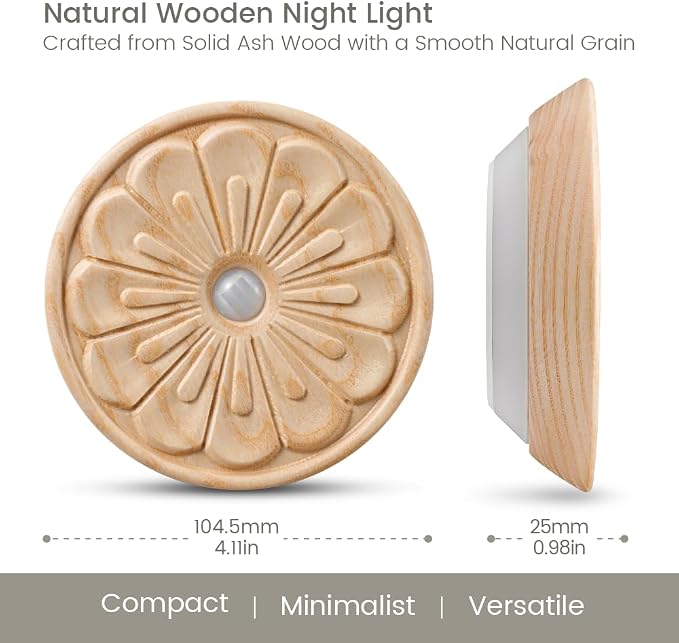 Flower Motion Sensor Night Light, Carved Wooden Flower Wall Lamp, Backlight LED Light, Rechargeable & Stick-On Magnetic Mount for Indoor Decor, Living Room, Bedroom, Stairs (Round Ash Wood *1Pack)