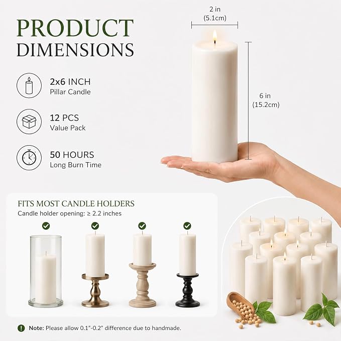 12 Pack Creamy White Soy Wax Pillar Candles 2x6 in, Unscented Decorative Candles, 600h Total Burn (50h Each), Clean Burning, Smokeless & Dripless for Wedding, Fireplace, Home Decor & Dinner Table