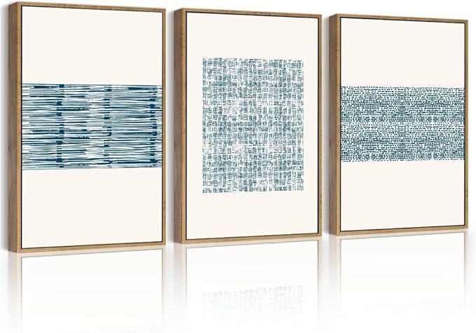 PHOPAGO Blue Abstract Framed Wall Art Modern Boho Neutral Line Wall Decor Bohemain Minimalist Geometric Artwork Home Decor - 11x14in Natural Framed