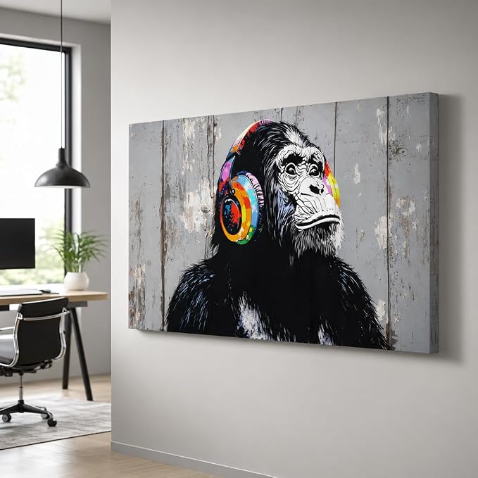 Wall Art Graffiti Gorilla Abstract Canvas Painting Textured Picture, Modern Landscape Artwork Framed for Living Room Bedroom Bathroom Office Home Decor 48x24in