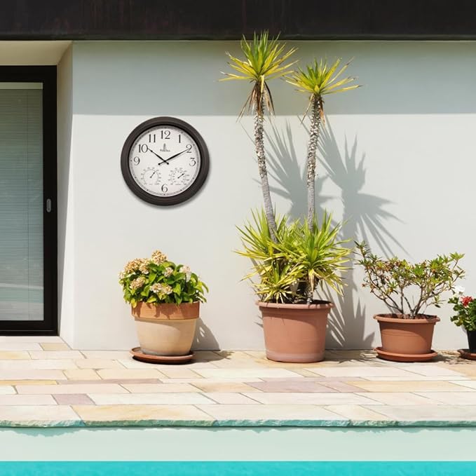 18 inch Outdoor Clocks for Patio Large Waterproof with Thermometer - Black Indoor Outdoor Clock with Temperature and Humidity for Wall - Weatherproof, Accurate & Easy to Read for Pool, Patio & Garden