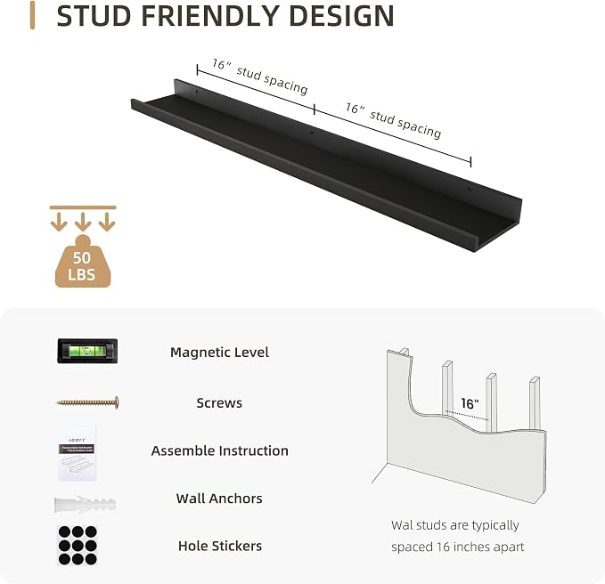 Acovy 36 inch Picture Ledge Shelf, Wood Floating Shelves, Black, Set of 2 | Wall Mounted, For Living Room Kids' Room Bedroom, Photo Ledge Nursery Book Shelves