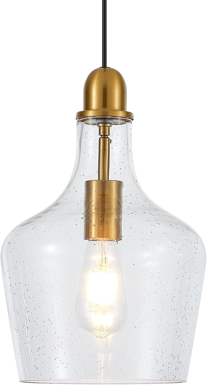 9” Seeded Glass Pendant Light Modern Brass 1 Light Single Dome Bubble Pendant Lighting Fixtures for Kitchen Island Dining Room Hallway, UL Listed
