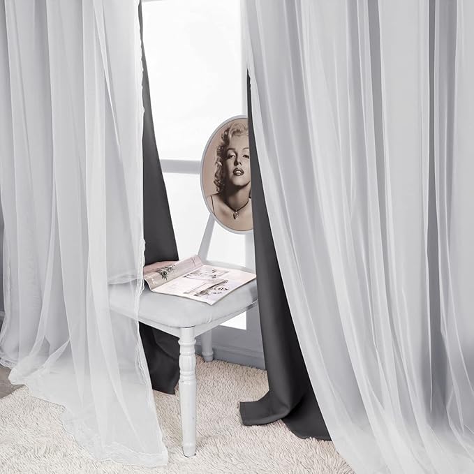 Dark Grey Blackout Curtains for Bedroom, Nursery - 84 inch Length Double Layers and Sheer with Lace Hem Luxury Window Curtain & Drapes Panels for Living Room with Extra Tie-Backs, 2 PCs