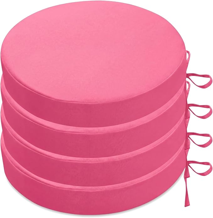 SK Studio Round Outdoor Chair Cushions for Patio Furniture, Set of 4 Waterproof Patio Chair Cushion with Adjustable Ties for Garden Sofa Couch, Pink, 18"x18"x2"
