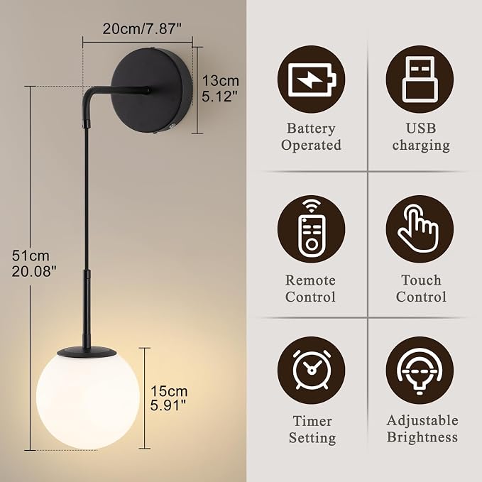 Battery Operated sconces Set of 2 Glass Globe Rechargeable Black Wall Light Fixture Wireless Wall Lights with Clear Glass Shade for Living Room, Hallway, Bedroom(2 Pack)