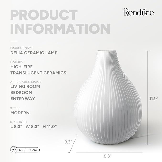 RONDURE 11.0" Modern Ceramic Table Lamp, Fully Dimmable Bedside Lamp for Bedroom Living Room Nightstand, White Translucent Ceramic Shade, Warm Ambient Decorative Corded Lighting, Bulb Included