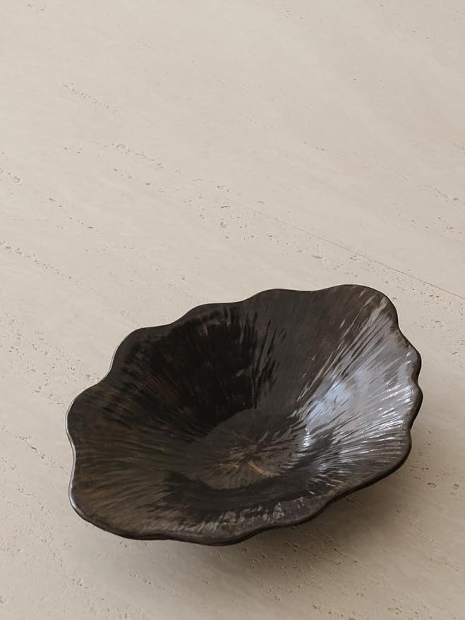 WENSHUO Stoneware Fruit Bowl for Kitchen Counter,Large Decorative Bowls for Home Decor,Handmade Perfect Centerpiece for Table, Island,or Counter,Ink Black Color Reactive Glaze 13.5" L × 10" W