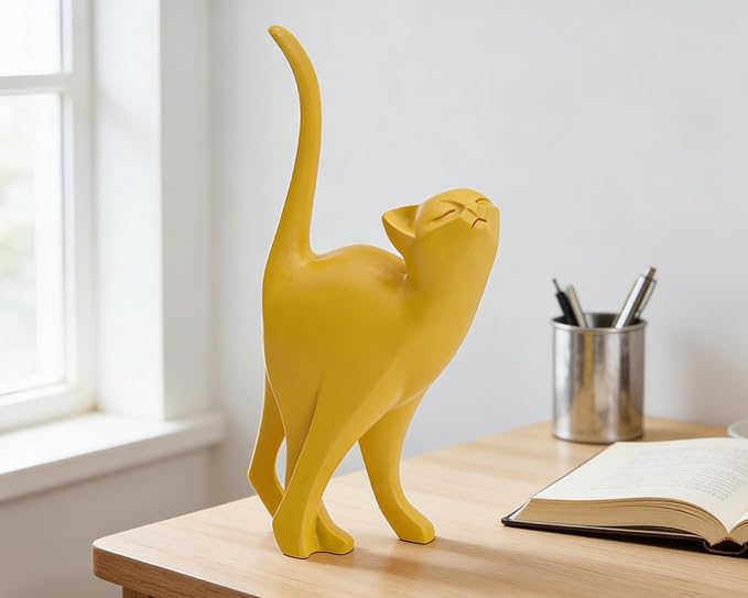 Yellow Cat Statue Modern Abstract, Home Office Shelf Decor, 7-Inch Vibrant Assorted Colors, Easy to Match Any Decor Style