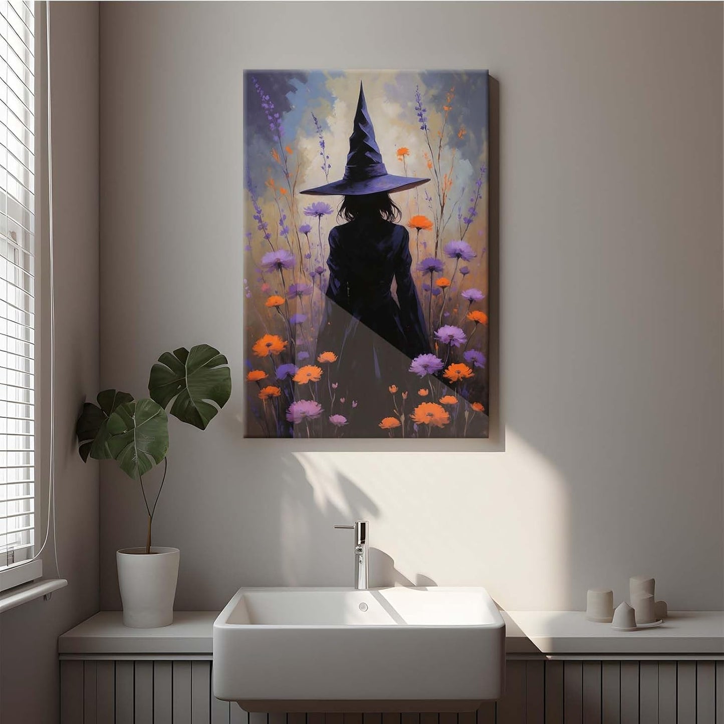 Country wildflower witch canvas print halloween mashup art witch purple decoration bohemian elegant art poster24x36in Wood Framed
