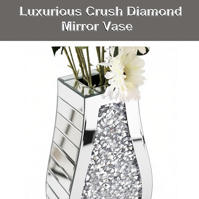 ALLARTONLY Flower Vase Crushed Diamond Mirrored Vase Crystal Silver Glass Decorative Mirror Vase Large Size Luxury for Home Decor. Arc-Shaped Thickened. Can’t Hold Water.