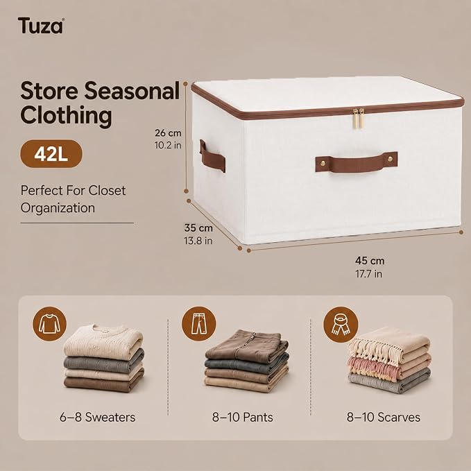 Tuza 3 Pcs Rigid Storage Bins with Zipper Lid, Cotton Linen Fabric Storage Boxes, Foldable Shelves Clothes Storage Cubes with Handles for Wardrobe, Closet(Beige, 42L)