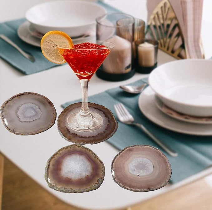Natural Agate Coasters Set of 4, Brown Geode Stone Slices 4-5" for Coffee Mugs & Whiskey Glasses, Crystal Stone Table Decor with Rubber Bumpers