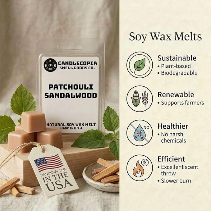Patchouli Sandalwood Strongly Scented Hand Poured Vegan Wax Melts, 12 Scented Wax Cubes, 6.4 Ounces in 2 x 6-Packs