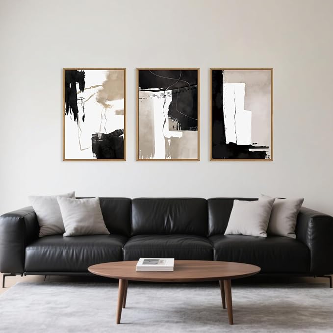 Black White Brown Framed Canvas Wall Art Set, Neutral Geometric Wall Decor, Modern Abstract Wall Painting, Minimalist Artworks for Living Room, Bedroom, Dining Room, Office-24 x36 x3