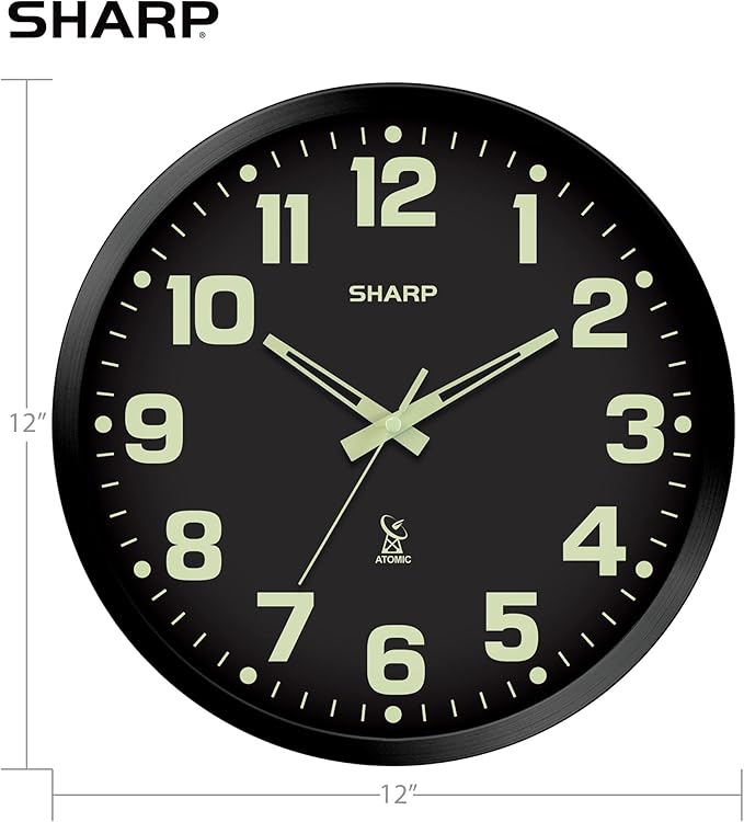 Sharp Glow in the Dark Atomic Analog Wall Clock - 12" Clock with Black Frame - Sets Automatically - Battery Operated - Easy to Read - Easy to Use – See Day or Night!