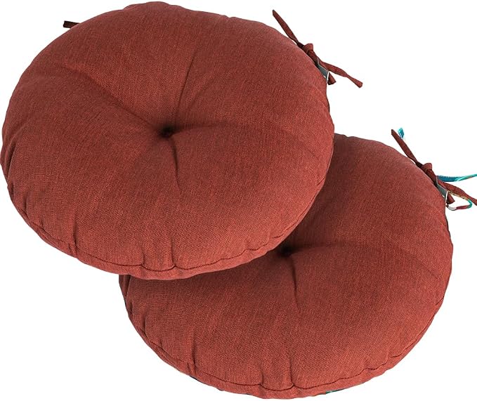 Magpie Fabrics Outdoor 15"x15"x4" Round Bistro Seat Cushions with Ties Set of 2, Tufted Waterproof Patio Floor Chair Pads for Home Garden Balcony Kitchen Office Porch, Dark Red