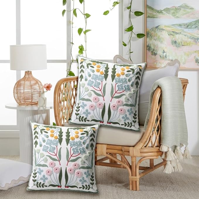 Pack of 2 Embroidered Decorative Throw Pillow Cover 18x18 Inch Farmhouse Floral Pillowcase for Living Room Sofa Bed (Blue Floral)