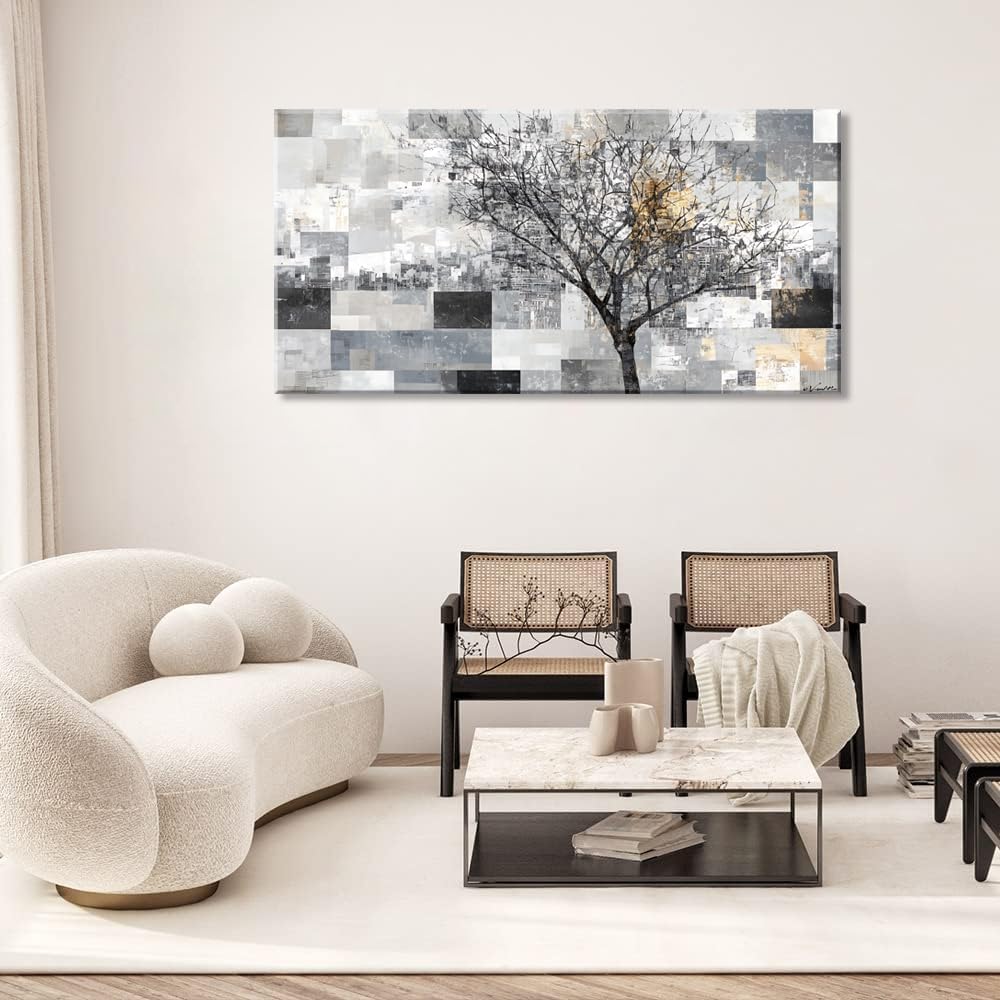 LASMOND Modern Abstract Tree Wall Art for Living Room Black and White Canvas Painting Wall Art Large Nature Landscape Artwork Bedroom Office Home Decor (40x20 Inches)