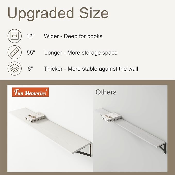 Fun Memories Deep Floating Shelves, 55W x 12D Floating Shelves for Wall, Wood White Floating Shelf with Bracket, Wide Display & Storage Wall Shelves for Living Room, Bedroom,