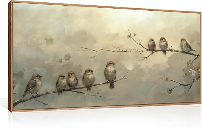 LHIUEM Large Cute Birds Framed Canvas Wall Art,Antique Sparrow Branch Wall Decor,Vintage Farmhouse Painting,Retro Natural Landscape Artwork for Living Room,Bedroom,Dining Room,Office -20"x40"x1