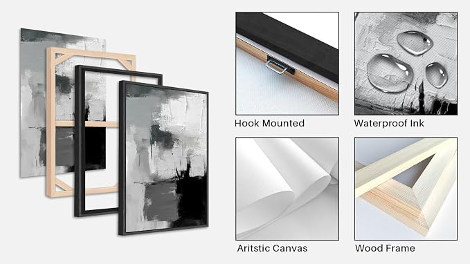 Large Framed Canvas Wall Art - Retro Grey Graffiti Pictures for Living Room Rustic Abstract Wall Decor Vintage Prints for Bedroom Dinning Room Black Float Framed 16" X 24" X 3 pcs