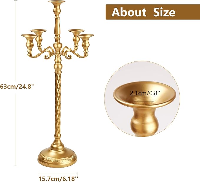 Tall 5 Arm Gold Candelabra Centerpiece for Table, 24.8'' Metal Candle Holder, 2 Pcs Retro Candelabra Table Centerpieces for Party, Events, Home, Wedding Decor