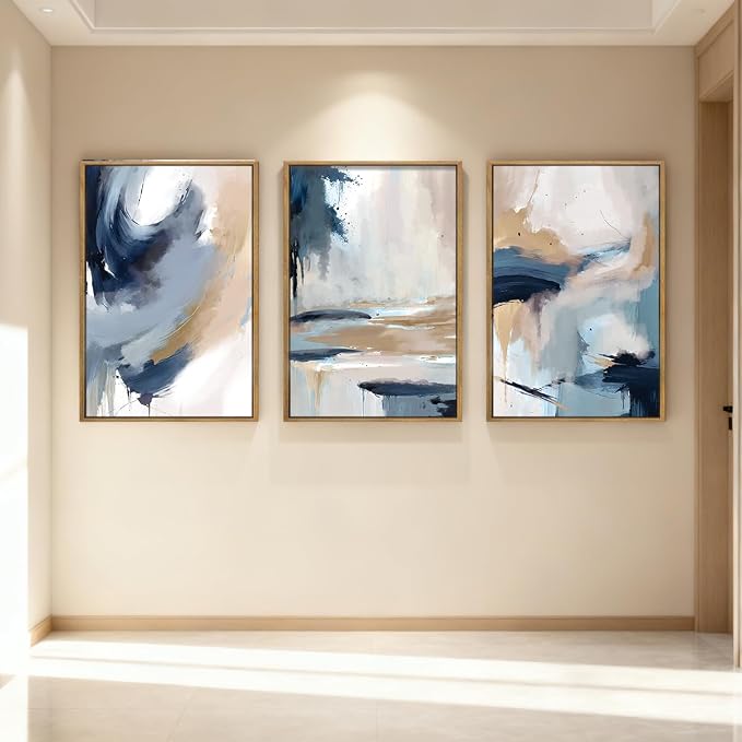 Anyzal Extra Large Blue Abstract Wall Art Framed 24x36 Inch Neutral Modern Canvas Wall Decor Minimalist Pastel Artwork for Living Room Bedroom Dining room Set of 3