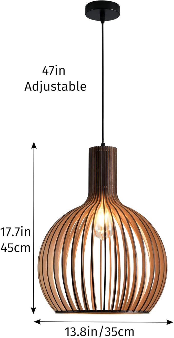 Wood Pendant Light, E26 Base Hanging Lamp Indoor, Natural Wooden Hand Made Chandelier, Boho Height Adjustable Dining Table Hanging Lamp for Hotel Bar Café Kitchen Island Hallway Entryway