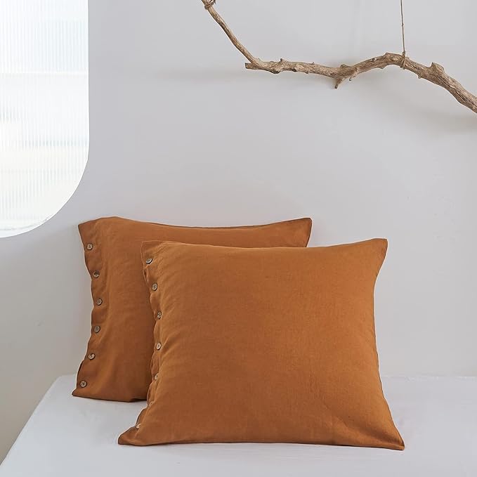 Simple&Opulence 100% Washed Linen Euro Sham Cover, 26 x 26 Inch, Decorative Bed Fall Pillow Cover with Coconut Button, Solid Color Pillow Shams Set of 2 (Rust)