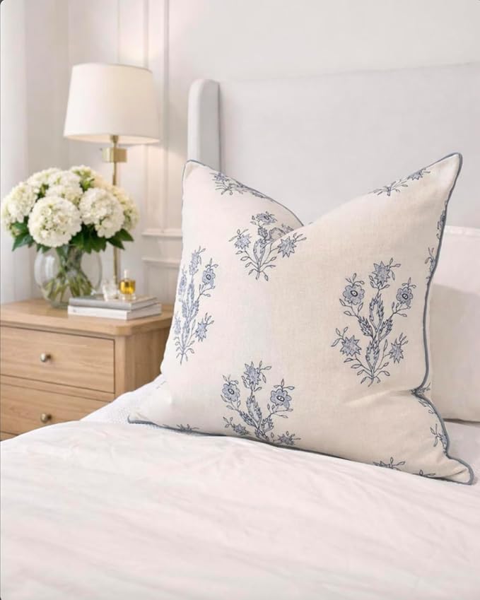 Jillien Harbor “The Mary” Periwinkle Floral Block Print Pillow Cover – Blue and White Decorative Throw Pillow Cover – Grandmillennial Home Decor, 24" x 24"