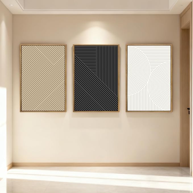 Anyzal Large Framed Black Abstract Wall Art 16x24 Inch Boho Modern Canvas Wall Decor Neutral Minimalist Line Artwork for Living Room Bedroom Dining Room Set of 3