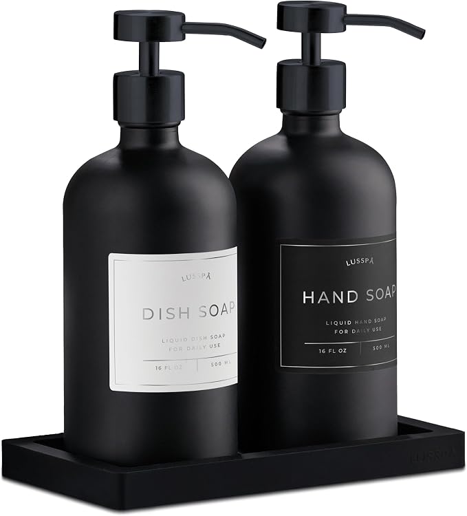 Glass Soap Dispenser Set of 2 (Black) with Silicone Tray | Hand and Dish Soap Dispenser for Kitchen and Bathroom | 16.8 Oz Glass Bottles with Stainless Steel Pump & 15 Waterproof Labels (Black)