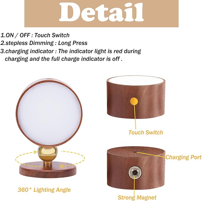 LANDGOO Wood Wall Sconce, Sapele Wood Magnetic 360° Rotatable Cordless Bedside Lamp Set, Rechargeable & Dimmable LED Lights with Touch Control, Wireless Wall Mount for Bedroom