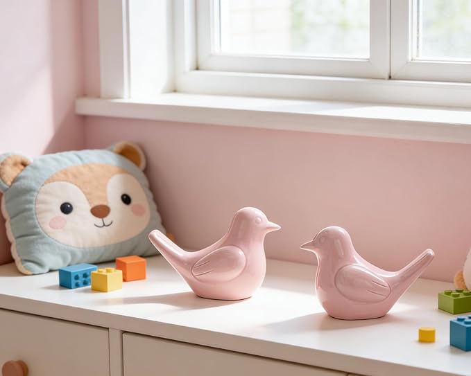 Small Pink Bird Statue Ceramic 2-Piece Set, 3¾ inch Cute Knick Knack for Home Office Shelf Desk Decor