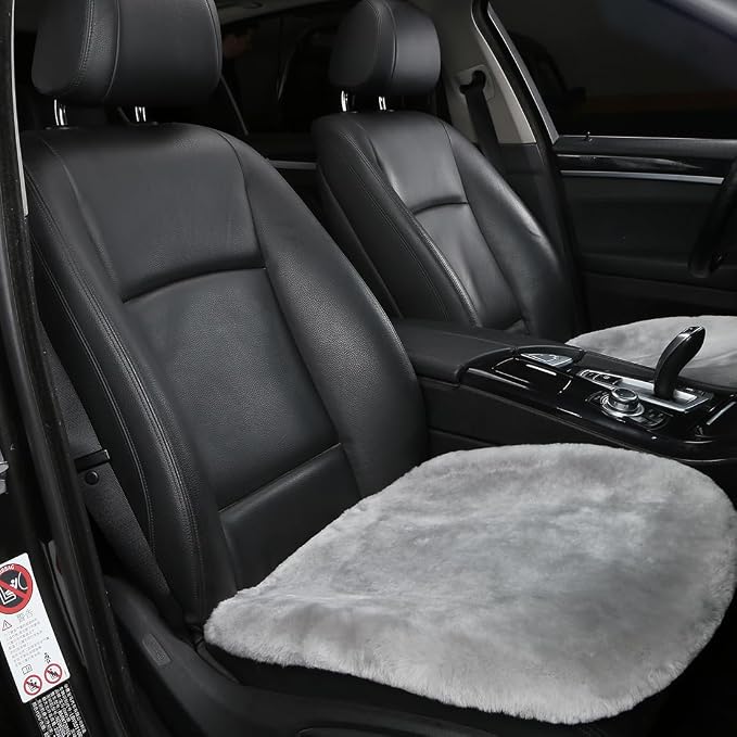 OGLAND 2 Pack FuzzySheepskin Car Driver Seat Covers, Shearling Fluffy Genuine Wool Seat Cushions for Auto Interior Accessories with Soft Fuzzy Natural Fur Non-Slip(Misty Gray)