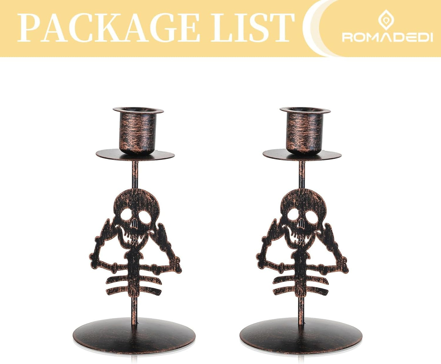 Romadedi Candle Holder for Halloween Decor: Set of 2 Black Gothic Skull Taper Candlestick Table Centerpiece Decorations Spooky Party Dinning Room Home Indoor
