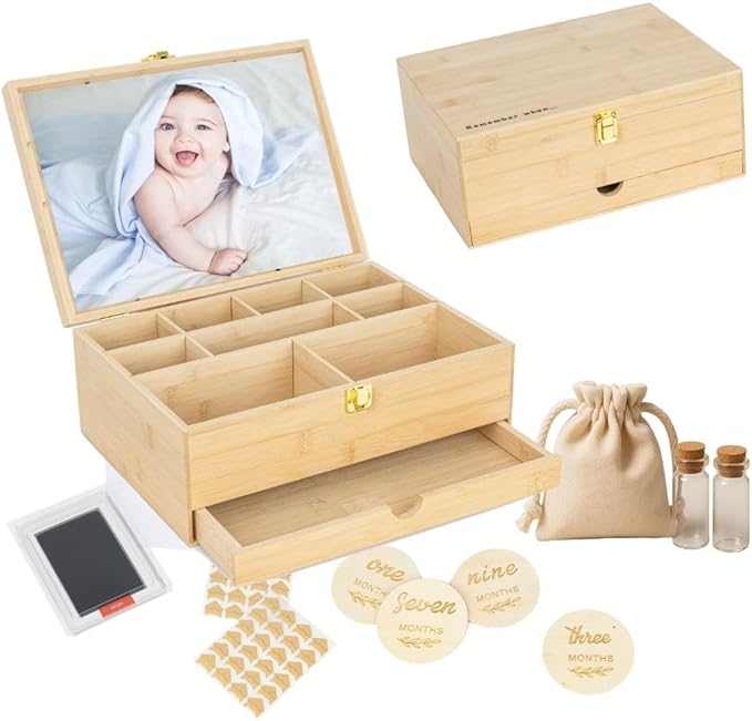 Baby Keepsake Box with 5 Additional Memory Items – Bamboo Memory Box for Baby Girls & Boys – Handprint Kit, Milestone Discs, Photo Corners, Glass Vials, Burlap Bag