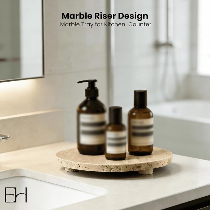 Beige Travertine Marble Riser - Round Pedestal Marble Trivet Vanity Tray with 3 Feet, Minimalist Stone Display Stand for Bathroom Counter, Kitchen, Perfume, Jewelry & Scented Candles (Middle)