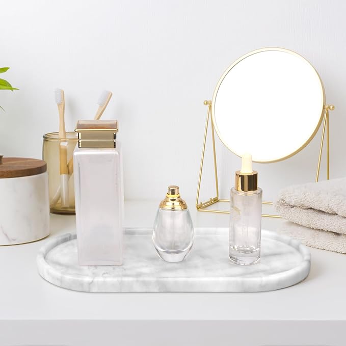 Oval Marble Bathroom Vanity Tray, Natural Luxury Marble Home Kitchen Bathroom Table Tray, Stone Decorative Countertop Tray for Coffee Perfume Jewelry (Light Grey, 12" x 6" x 0.8")