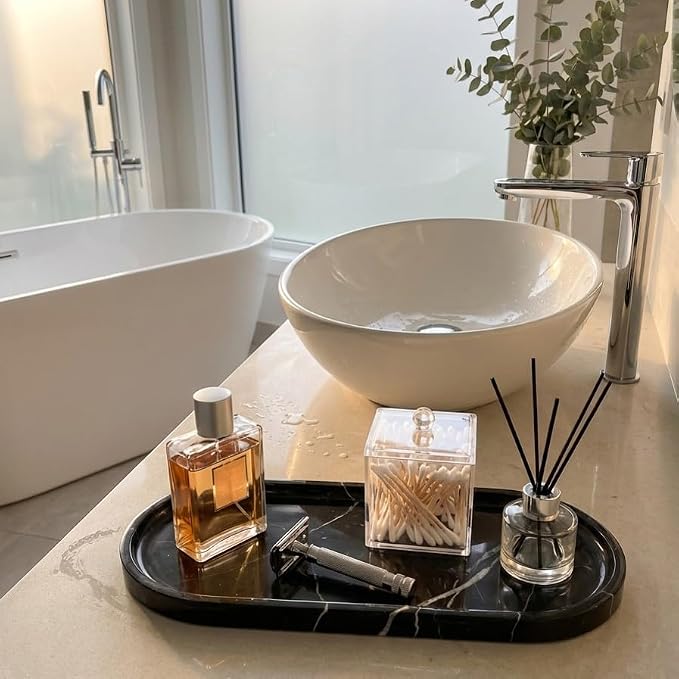 Black Marble Vanity Tray - 100% Natural Stone Bathroom Countertop Organizer for Perfume & Jewelry, 10" Decorative Plate for Toilet Tank