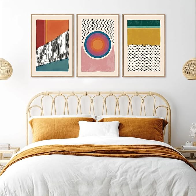 HPINUB Boho Framed Canvas Prints Wall Art Set, Mid-Century Abstract Color Block Shape Wall Decor, Geometric Illustrations Art Photos for Living Room, Bedroom, Dining Room, Office, Bathroom-24 x36 x3