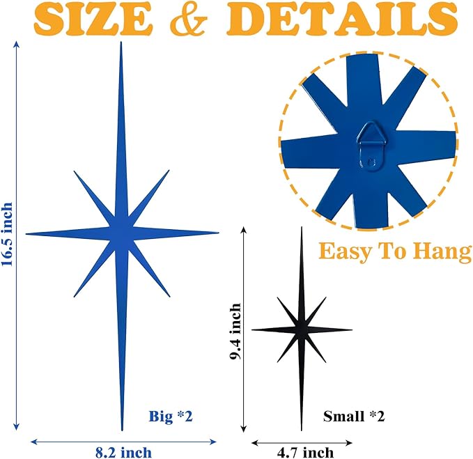 4 Pack Metal Star Wall Art 8 Pointed Starburst Wall Decor Set with 2 Large & 2 Small Pieces Mid Century Celestial Metal Wall Sculpture for Bedroom Living Room Office Gallery Wall