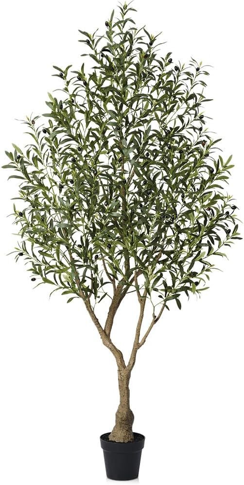 Artificial Olive Tree 7FT Fake Plants Indoor - UV Resistant Faux Olive Tree in Black Pot, Outdoor Tall Faux Silk Tree - Fake Trees for Modern Home Decor,Living Room, Office, Patio, Balcony, VN154