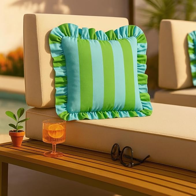 MONDAY MOOSE Decorative Throw Pillow Covers, Set of 2 Water-Resistant Striped Design with Ruffle Edge for Outdoor/Indoor Use, Pillow Inserts Not Included (18x18 inch, Light Green/Light Blue)