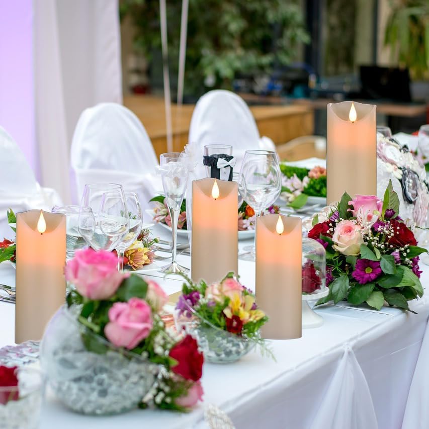 Flameless Battery Operated LED Candles 3D Wick with10key Button Remote Control 24-Hour Timer Set of 5 Electric Flickering Pillar Real Wax，Wedding, Party, Home Decoration