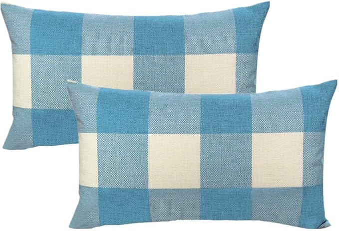 VAKADO 12x20 Inch Buffalo Plaids Decorative Throw Pillow Cases Farmhouse Retro Checkers Lumbar Rectangle Cushion Covers Home Decor for Sofa Couch Set of 2, Sky Blue White
