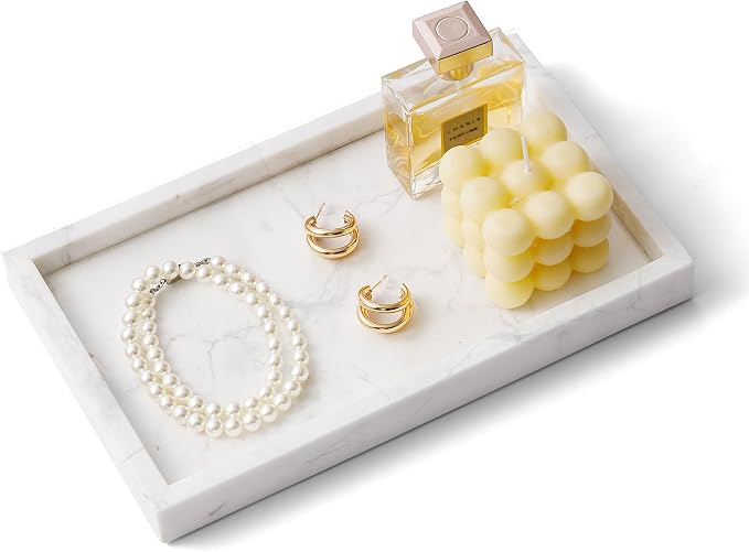 Italy Marble Vanity Tray for Jewelry, Perfume, Makeup, Candle,Towel Natural Modern Decorative Trays for Bathroom Bedroom Dresser Rectangle Kitchen Storage Organizer for Home Decor White (FX031)